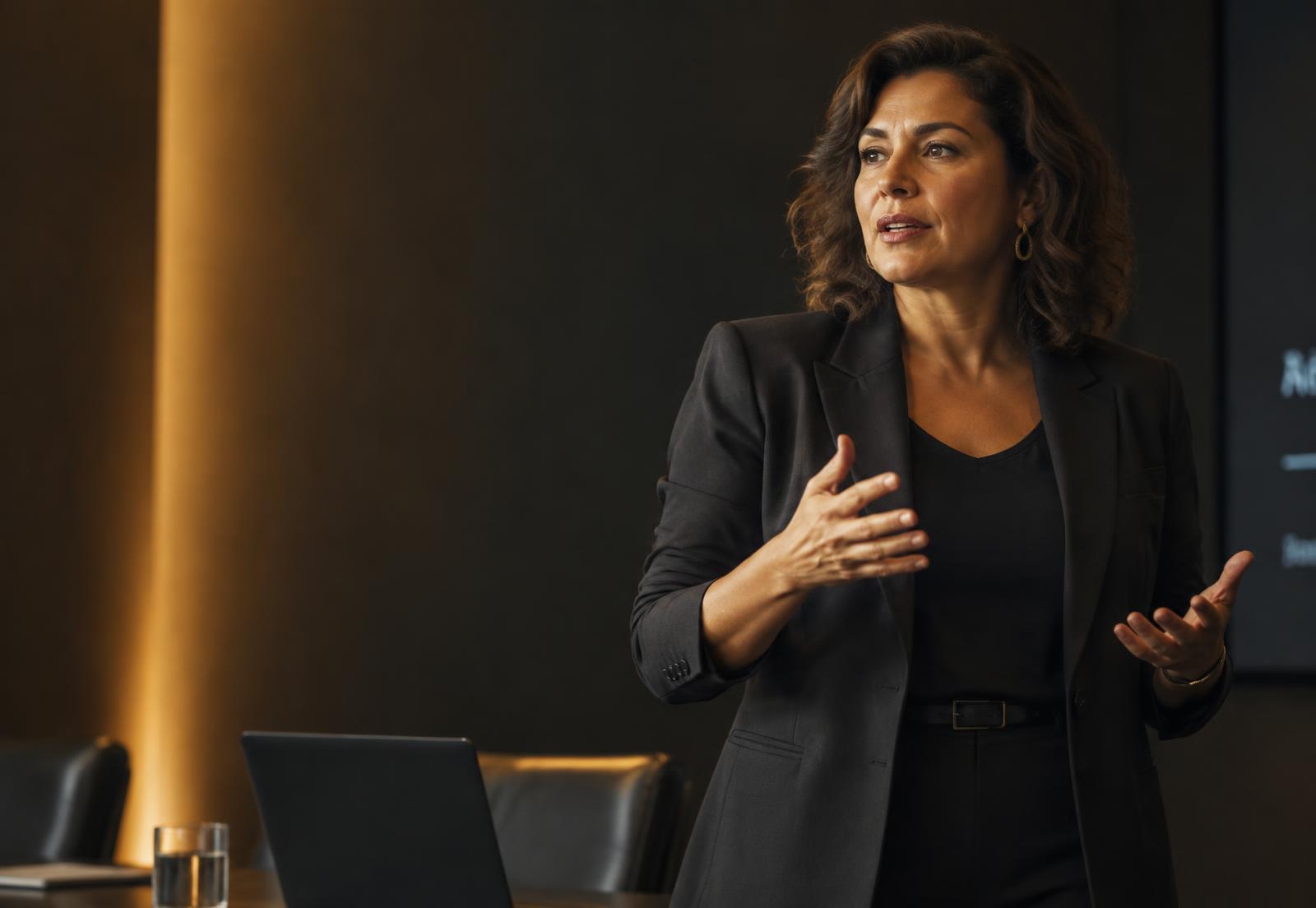 Executiva se comunicando com confiança em uma reunião
